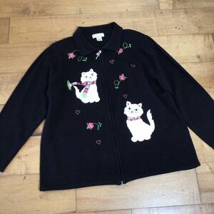Vintage Cat Embroidered Cardigan XL Allison Daley Black Kawaii Cottagecore
